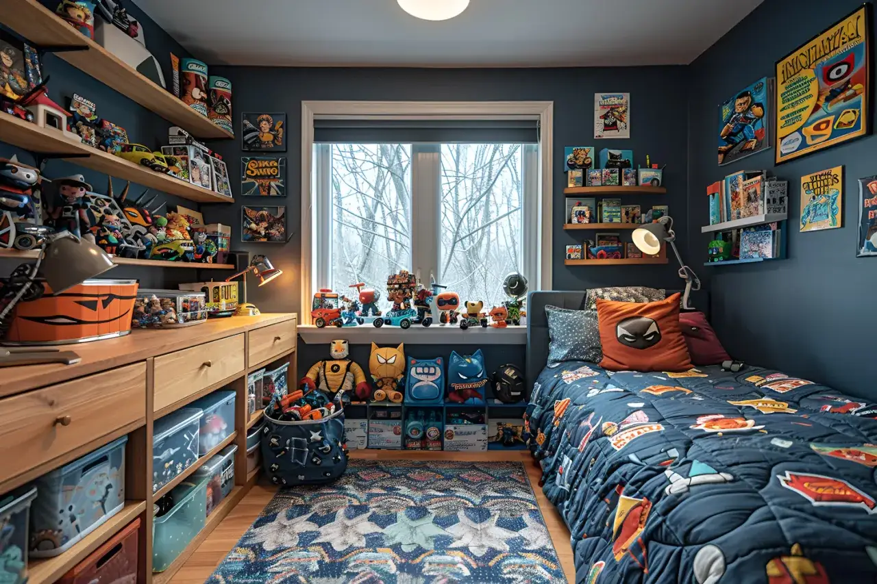 Pokój dla chłopca 10 lat inspiracje: pełen zabawek, komiksów i motywów superbohaterów. Kolorystyka granatowa, drewniane meble, wygodne łóżko.