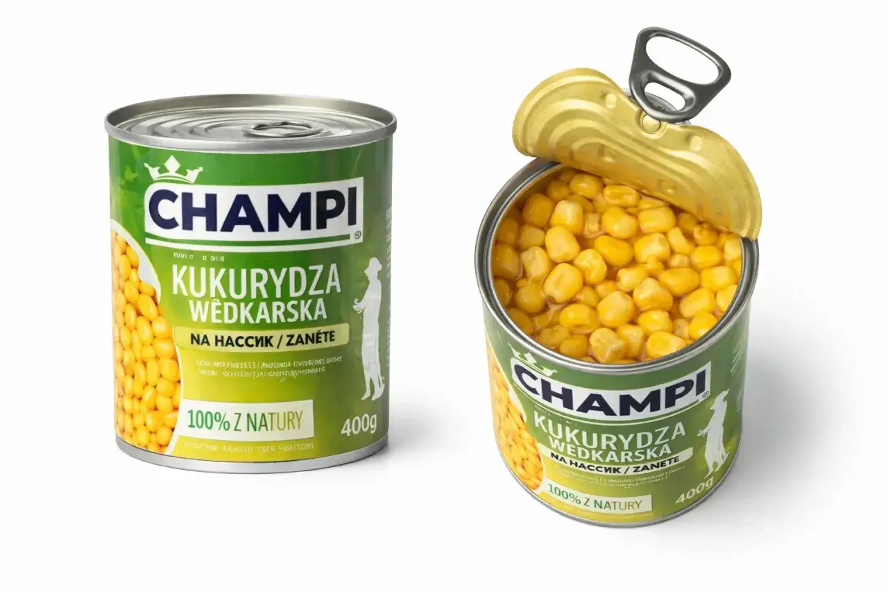 Dwie puszki fermentowanej kukurydzy na ryby marki Champi. Jedna zamknięta, druga otwarta, ukazująca złociste ziarna. Idealna przynęta dla wędkarzy.