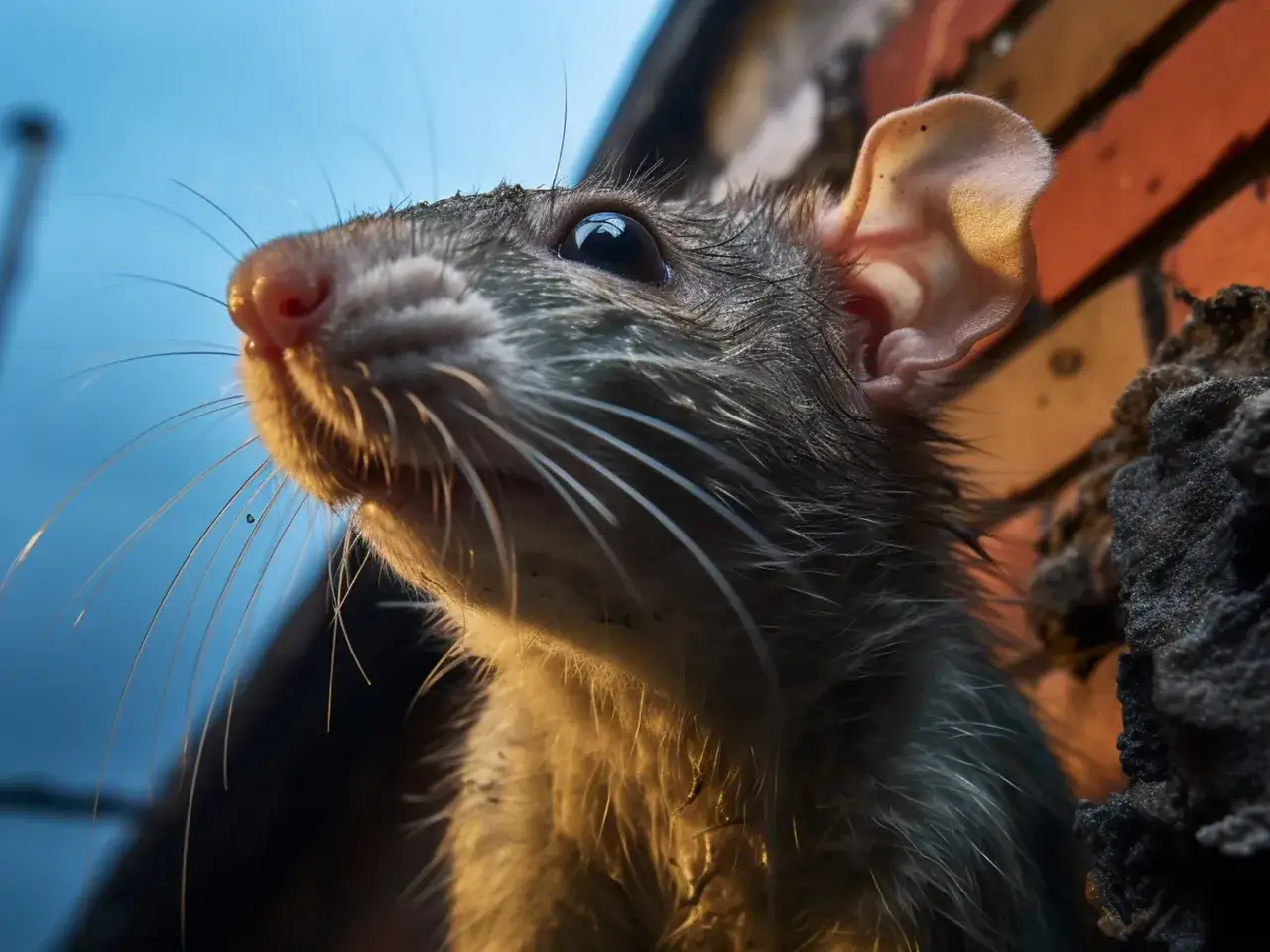 Szczur w ogrodzie, z mokrym futrem i błyszczącymi oczami, spogląda w górę na niebo.