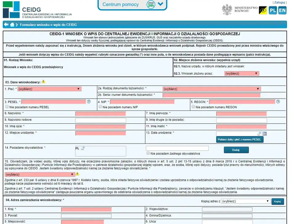 Formularz CEIDG-1 online