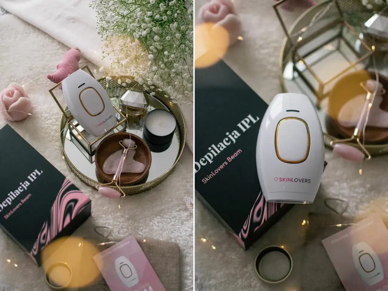 Zestaw do depilacji laserowej w domu: depilator IPL, akcesoria i ozdoby tworzące domowe spa.