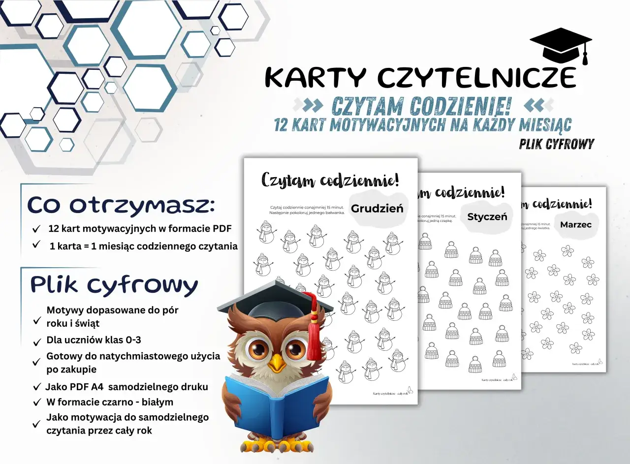 Karty motywacyjne do druku: 12 kart z motywami na każdy miesiąc, idealne do kolorowania i motywowania do czytania.