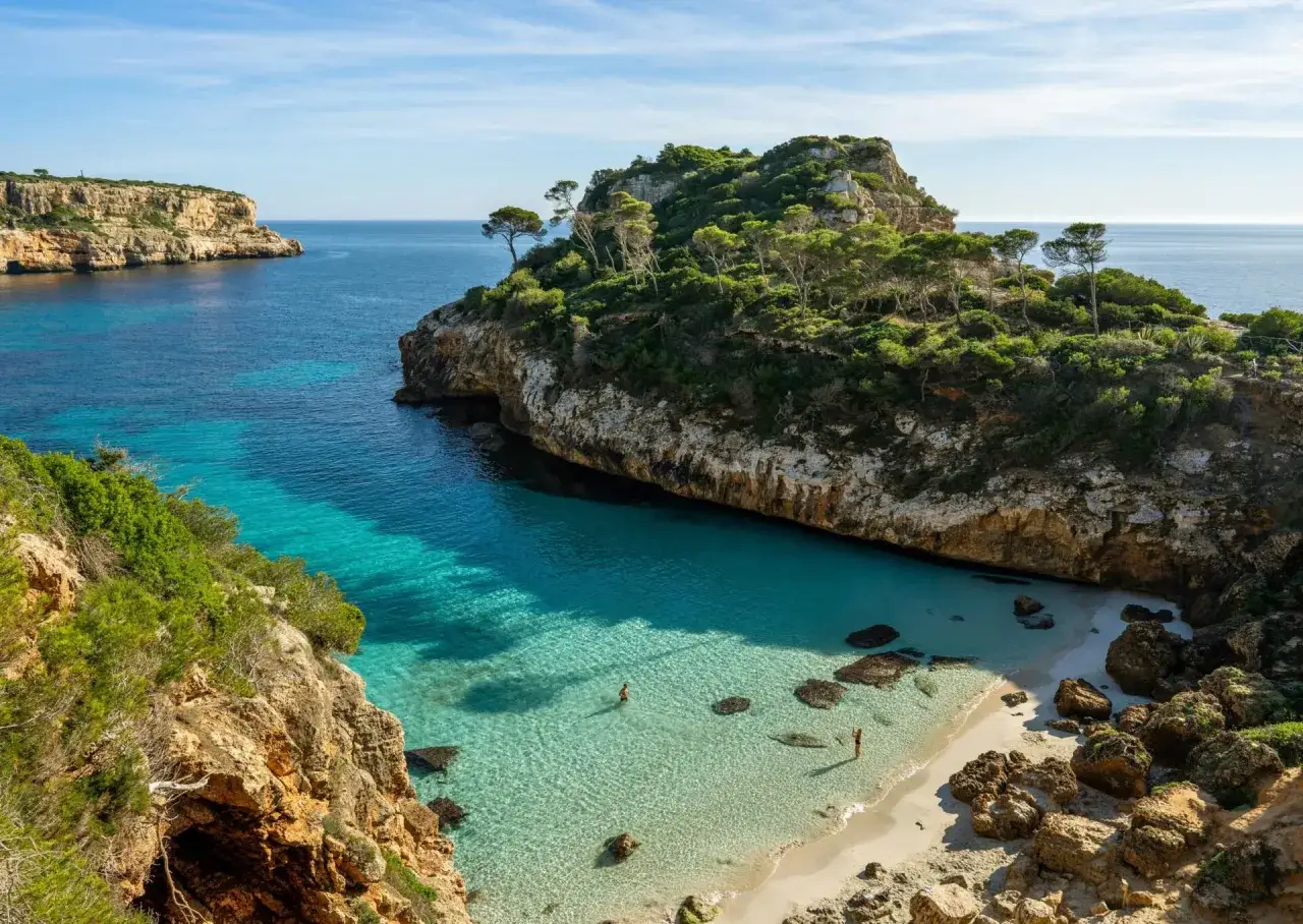 Piękna zatoka z turkusową wodą i piaszczystą plażą, otoczona skalistymi klifami porośniętymi zielenią. Czy w Hiszpanii jest morze? Tak, i to jakie!