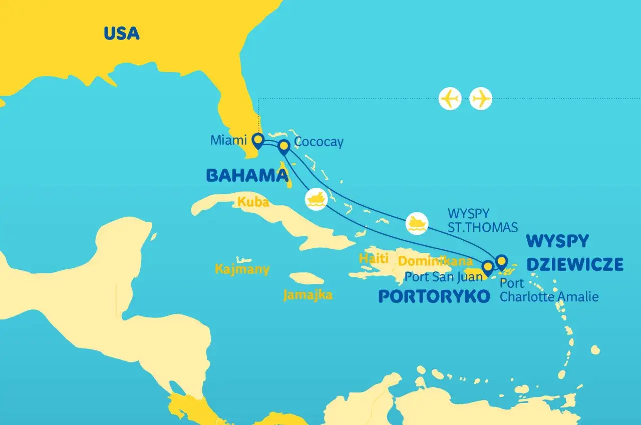 Mapa rejsu po Karaibach: Miami, Bahamy, Kuba, Jamajka, Portoryko, Wyspy Dziewicze. Idealny plan, kiedy na rejs po Karaibach!