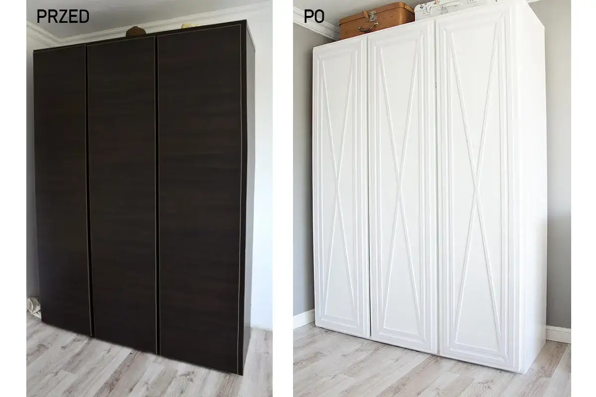 Przed i po: ciemna szafa z płyty odmieniona na białą, z ozdobnymi frezowaniami. Dowiedz się, jak odnowić szafę z płyty.
