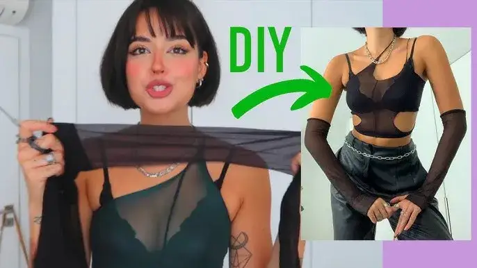 kobieta wszywająca kliny materiału do bluzki DIY