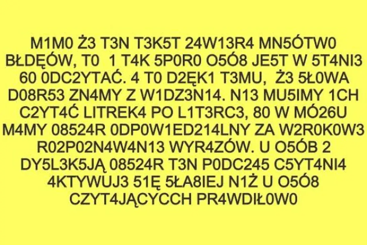Tekst z żółtego tła, gdzie cyfry zastępują litery, sugeruje, że czy dysleksja to choroba, jest pytaniem do rozważenia, a nie faktem.