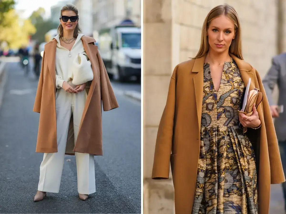 Elegancki płaszcz w kolorze camel komu pasuje? Obie stylizacje pokazują, że świetnie wygląda z jasnymi ubraniami i wzorzystymi sukienkami.