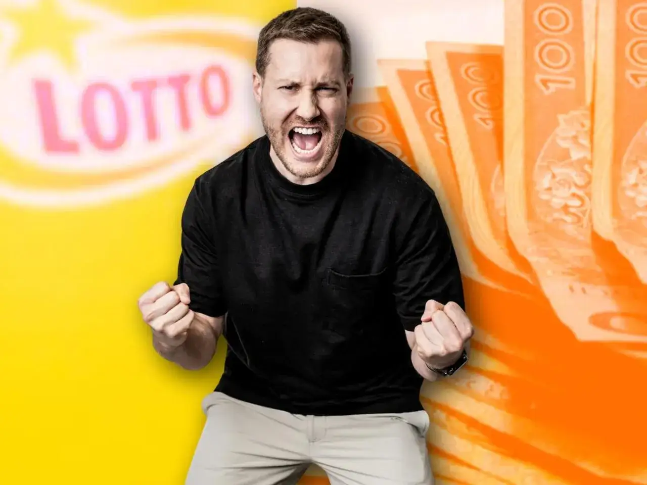 Szczęśliwy mężczyzna z zaciśniętymi pięściami, na tle logo Lotto i banknotów. Dowiedz się, jak sprawdzać lotto z plusem i wygrywać!