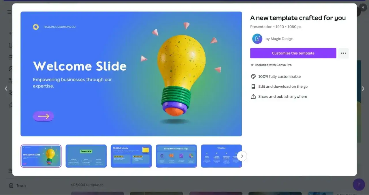 Strona do robienia prezentacji z ż&oacute;łtą żar&oacute;wką jako symbolem pomysłu. Szablon 
