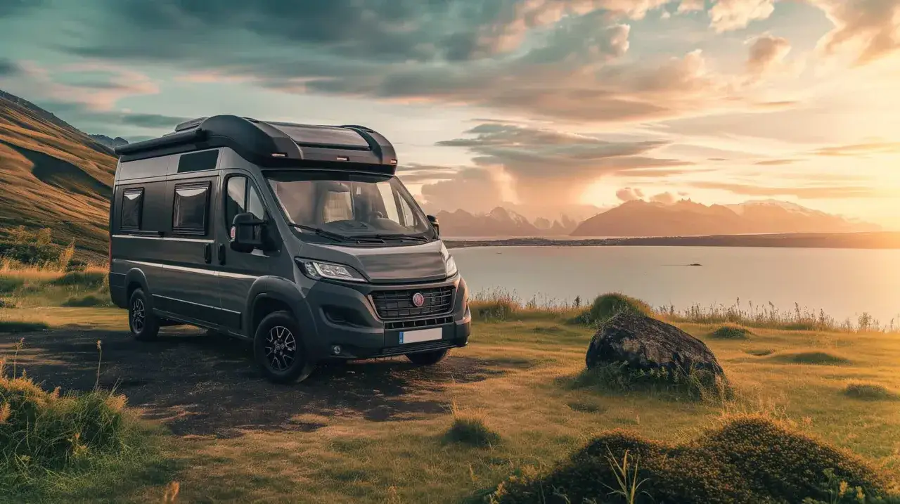 Ciemnoszary van mieszkalny zaparkowany na trawiastym wzg&oacute;rzu z widokiem na jezioro i g&oacute;ry o zachodzie słońca.