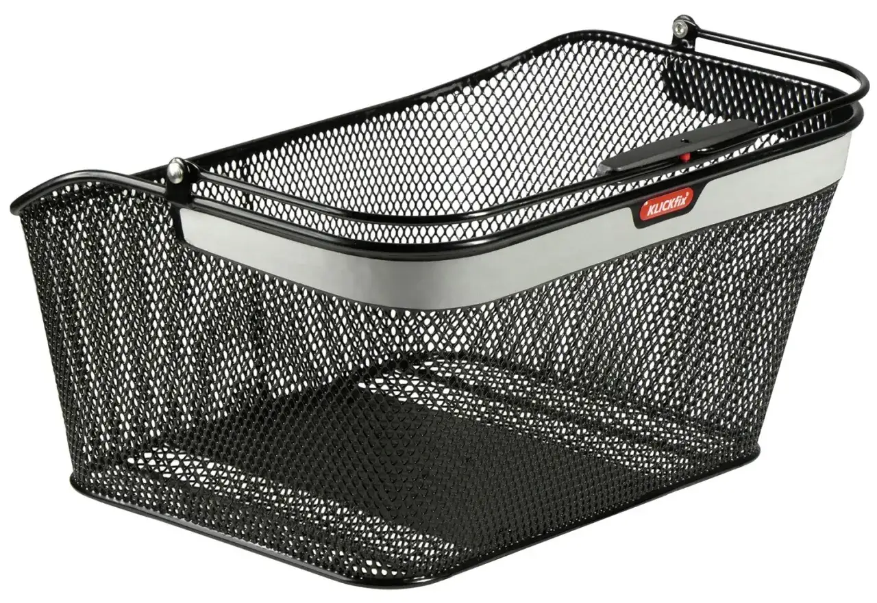 Czarny, metalowy koszyk rowerowy KlickFix. Prosty montaż na klik, idealny na zakupy i codzienne dojazdy.