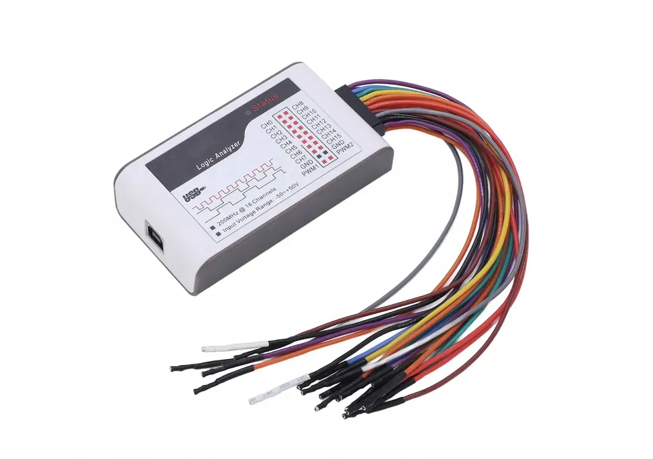 Analizator logiczny z 16 kanałami i zakresem napięcia wejściowego -50 do +50V. W zestawie wielokolorowe przewody do pomiaru jednostki napięcia elektrycznego mv.