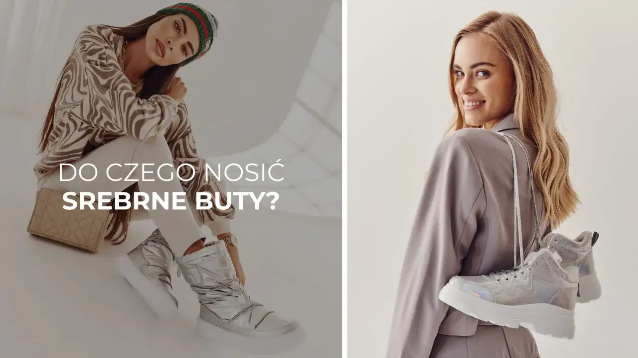 Srebrne buty stylizacje: młoda kobieta w beżowym swetrze i czapce z zielonymi pasami, obok niej druga kobieta w szarym garniturze z butami na ramieniu.