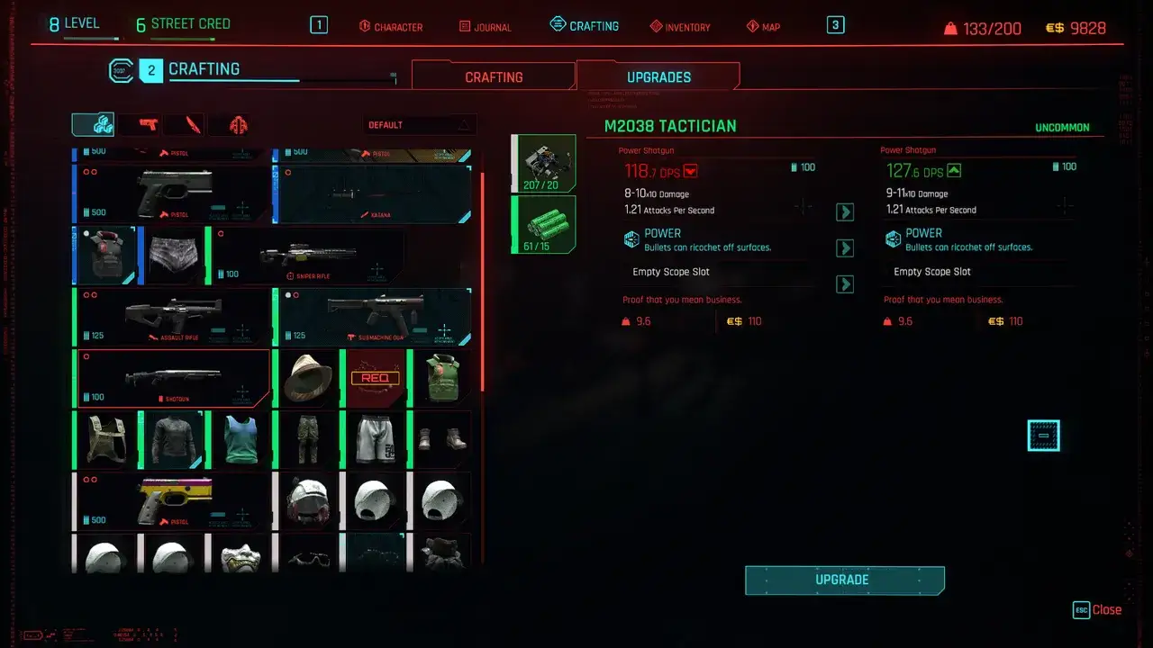 Cyberpunk 2077 crafting menu