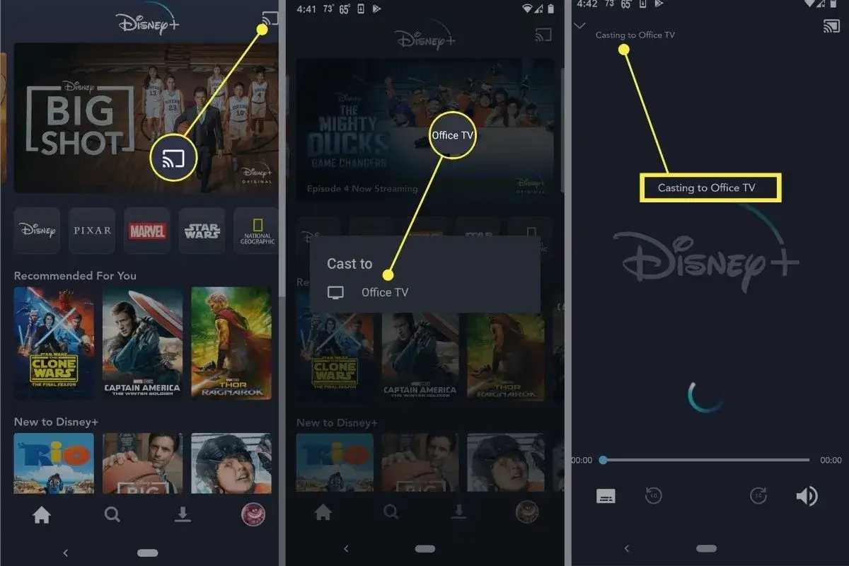ikona cast disney plus, chromecast podłączony do tv