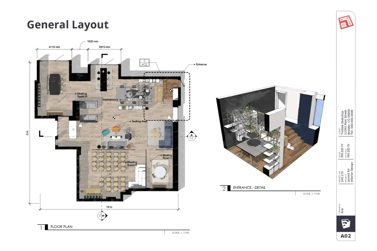 Plan og&oacute;lny biura z widokiem na sale konferencyjne, strefę pracy i wejście. Ten program do wizualizacji domu pokazuje układ pomieszczeń.