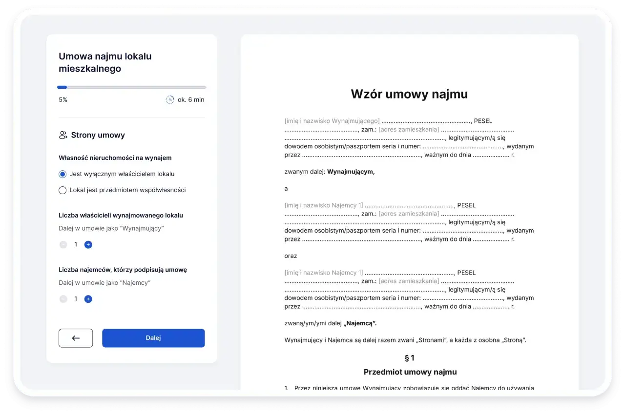 Interfejs do tworzenia umowy najmu lokalu mieszkalnego. Widoczny jest postęp tworzenia dokumentu: 5%, ok. 6 min. Po lewej stronie formularz z opcjami: strony umowy, własność nieruchomości, liczba właścicieli, liczba najemców. Po prawej wzór umowy. Proc...