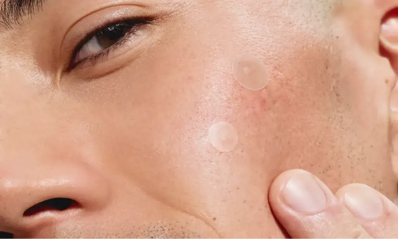 Dyskretne plastry na pryszcze na policzku, pomagające w walce z niedoskonałościami.