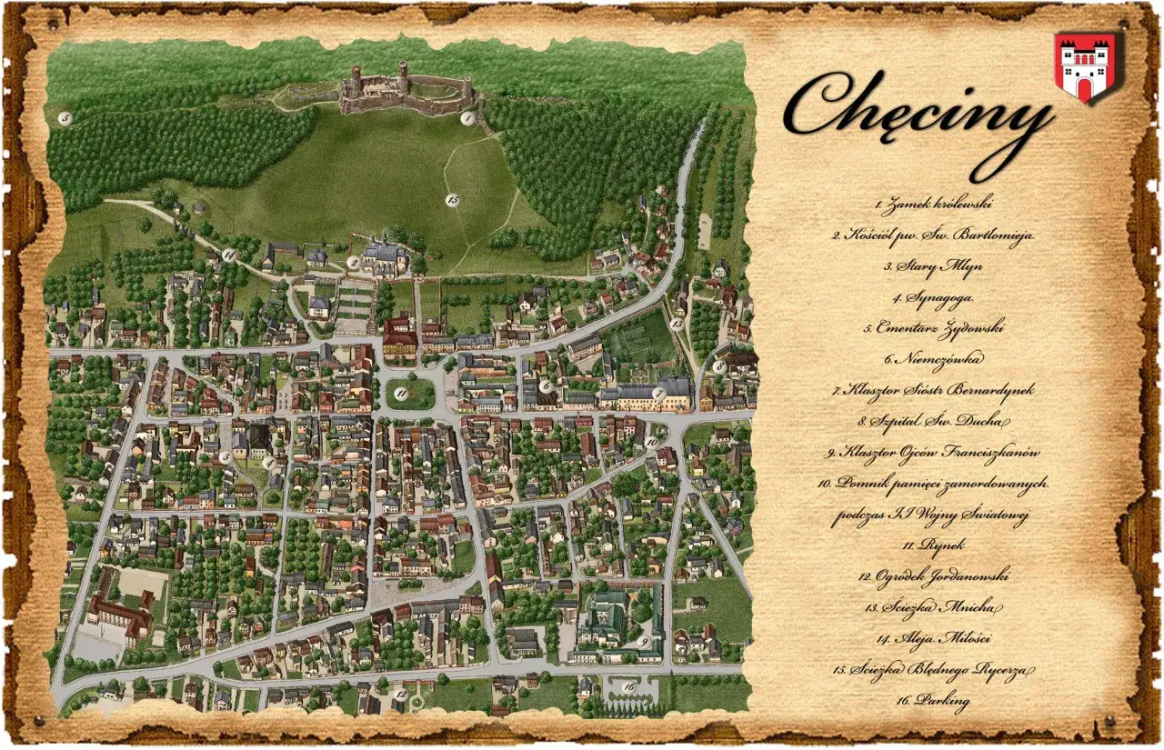 Mapa Chęcin z zamkiem i zabytkami. Tu znajdziesz odpowiedź, gdzie są G&oacute;ry Świętokrzyskie, bo to właśnie tu leży to urokliwe miasteczko.