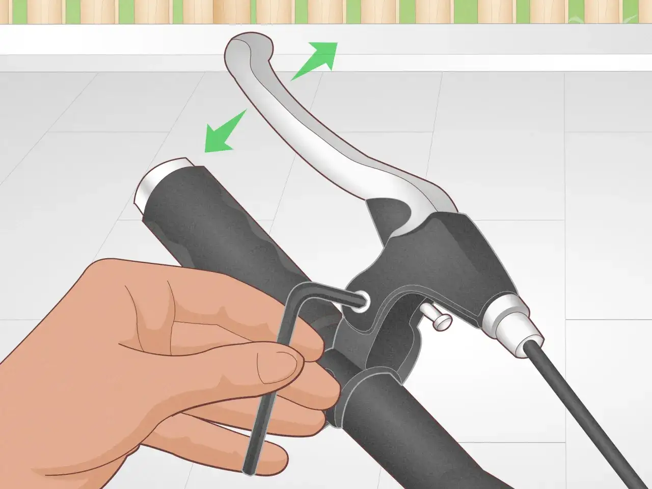 Dłoń dokręca śrubę kluczem imbusowym, regulując ustawienie kierownicy w rowerze szosowym. Zielone strzałki wskazują kierunek ruchu.