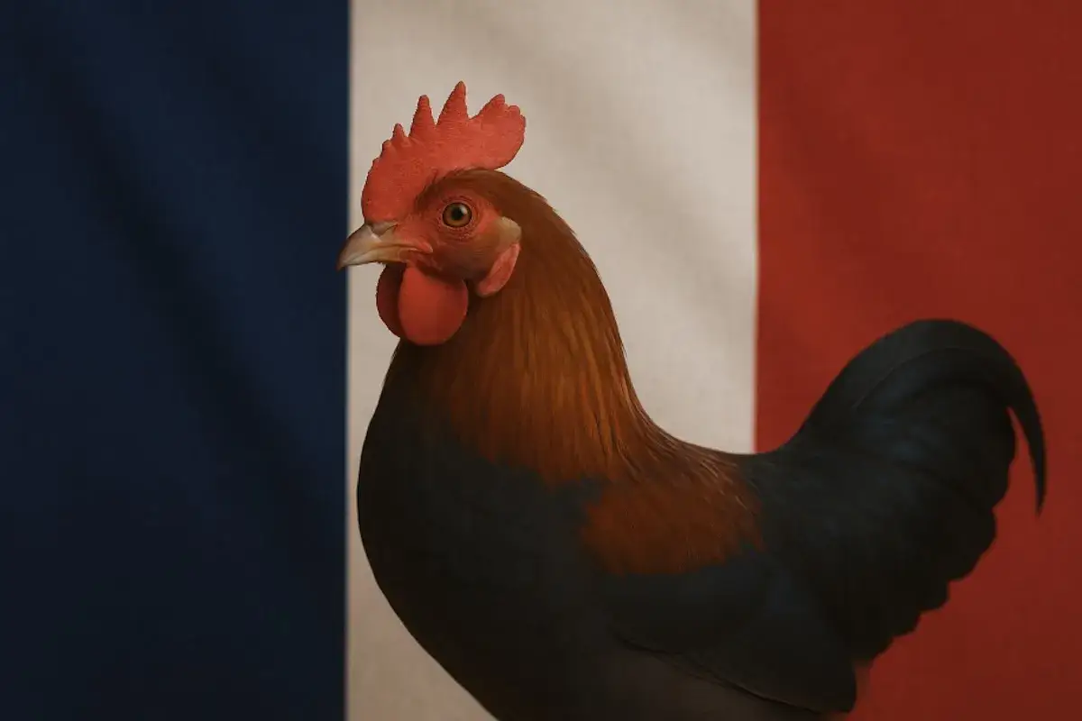 Dumny kogut, symbol Francji, na tle trójkolorowej flagi.