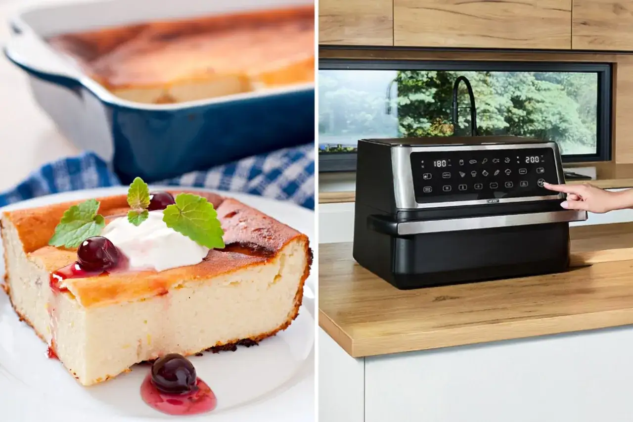 Puszysty sernik z wiśniami i bitą śmietaną. Obok nowoczesny piekarnik, który pomoże uzyskać idealną konsystencję.