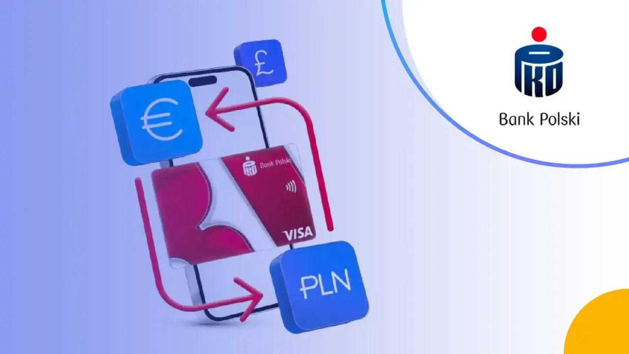 Jak wypłacić pieniądze z konta walutowego PKO? Grafika pokazuje telefon, kartę PKO Visa, symbole euro, funta i PLN, sugerując wymianę walut.