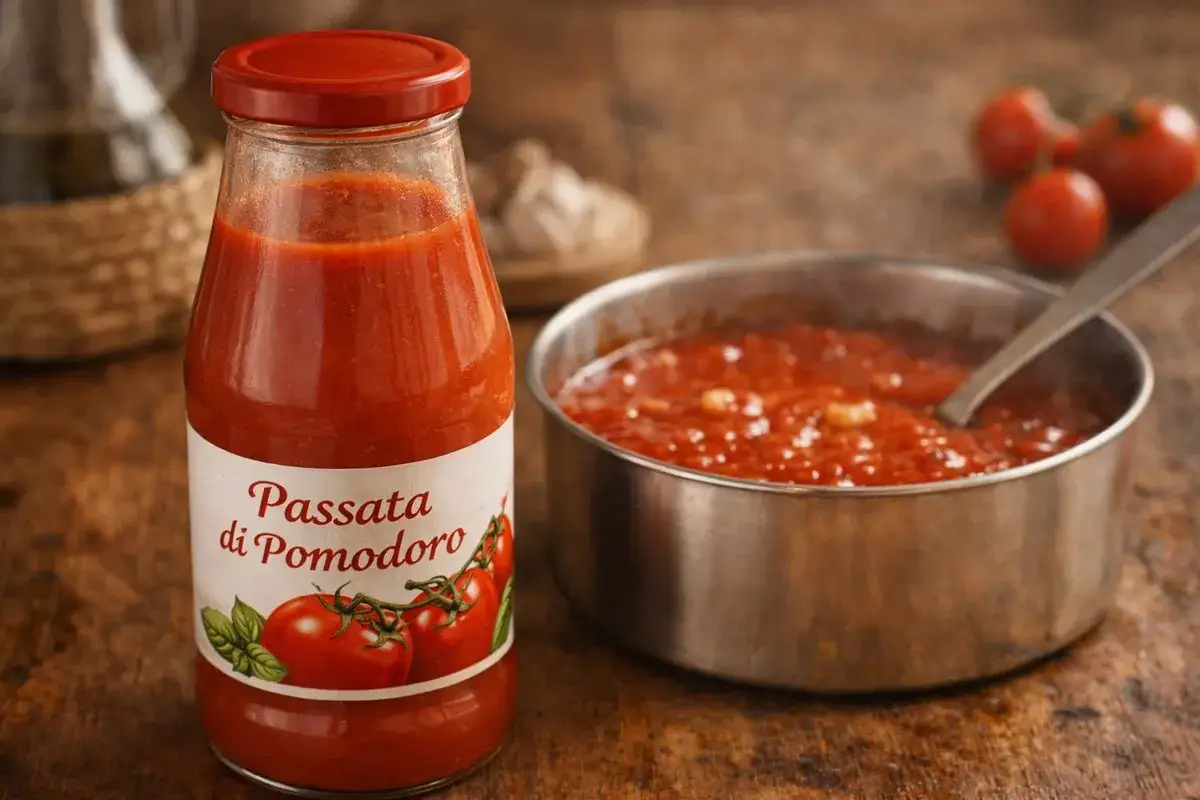 Butelka passaty pomidorowej i miska sosu. Czy passata pomidorowa jest lekkostrawna? To pytanie zadaje sobie wielu.