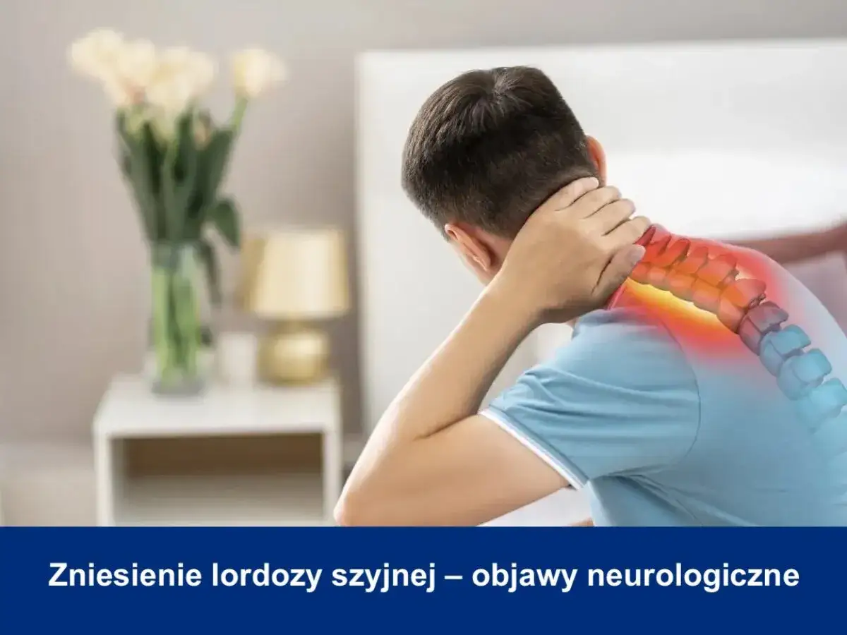 Mężczyzna z bólem karku, gdzie widoczny jest kręgosłup szyjny z zaznaczonym stanem zapalnym. Zniesienie lordozy szyjnej może powodować dyskomfort.