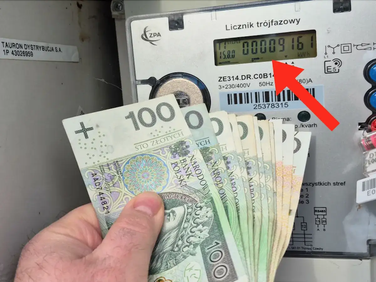 Czy licznik energii elektrycznej może oszukiwać? Ręka z polskimi banknotami 100 zł przed licznikiem trójfazowym.