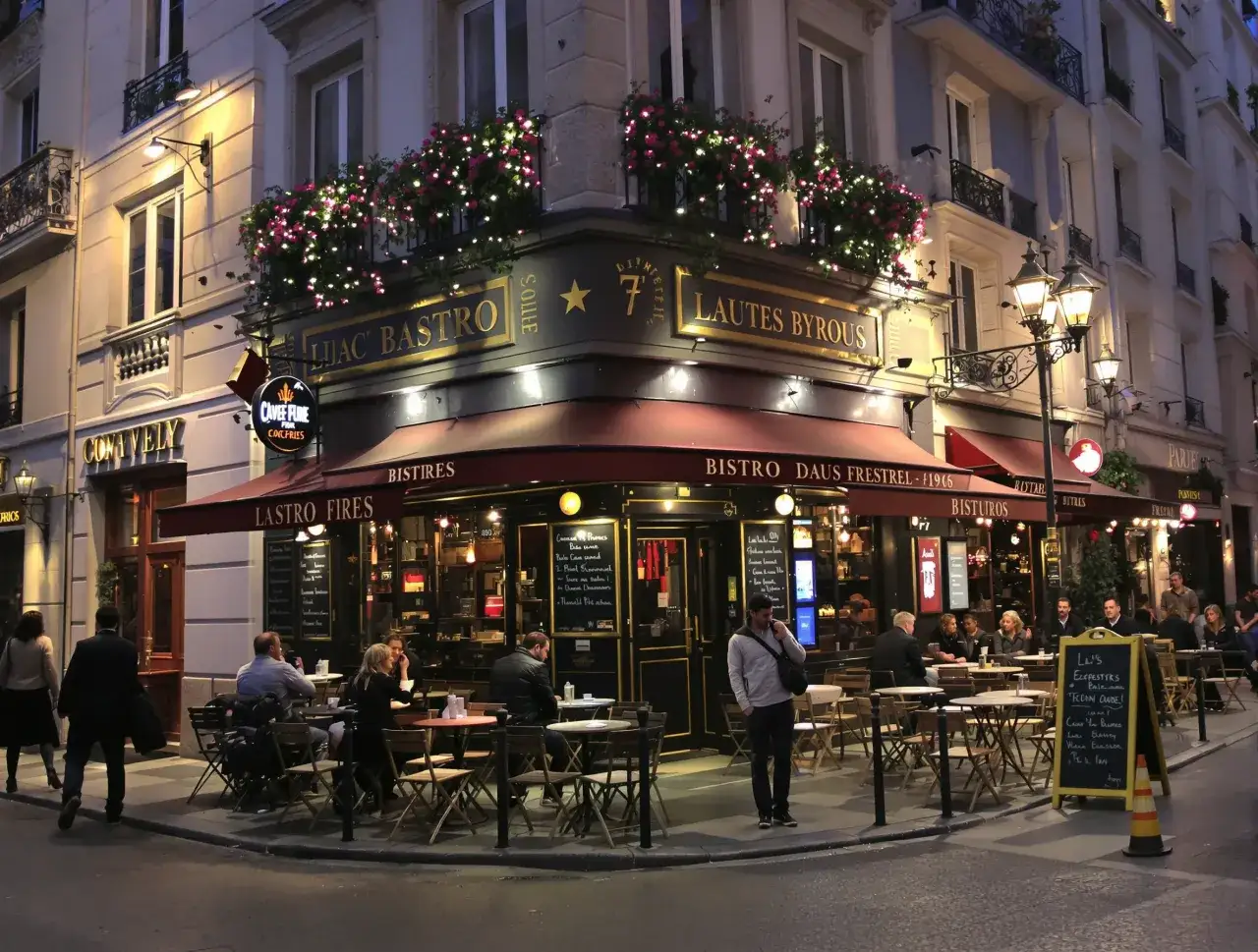 Wieczorny Paryż, urokliwe bistro z kwitnącymi balkonami. Idealne miejsce, by poczuć atmosferę i zastanowić się, gdzie najlepiej nocować w Paryżu.