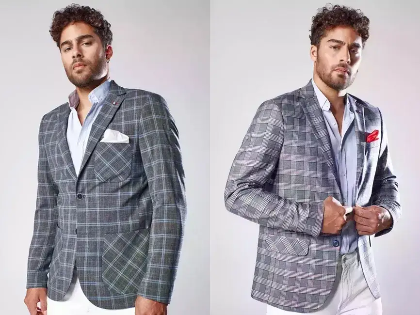 Mężczyzna w jasnej marynarce i koszuli, przykłady kontrastu i harmonii kolor&oacute;w