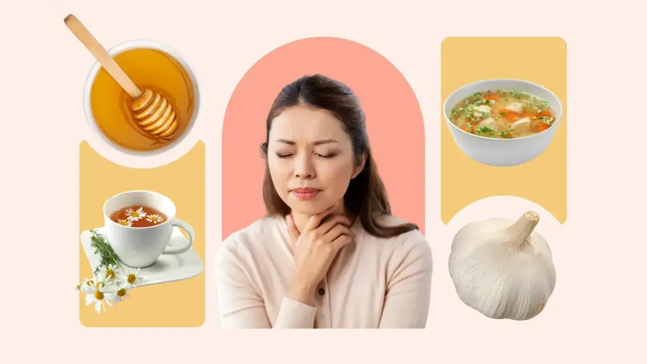 Kobieta z ostrym bólem gardła. Domowe sposoby: miód, herbata z rumianku, rosół i czosnek.
