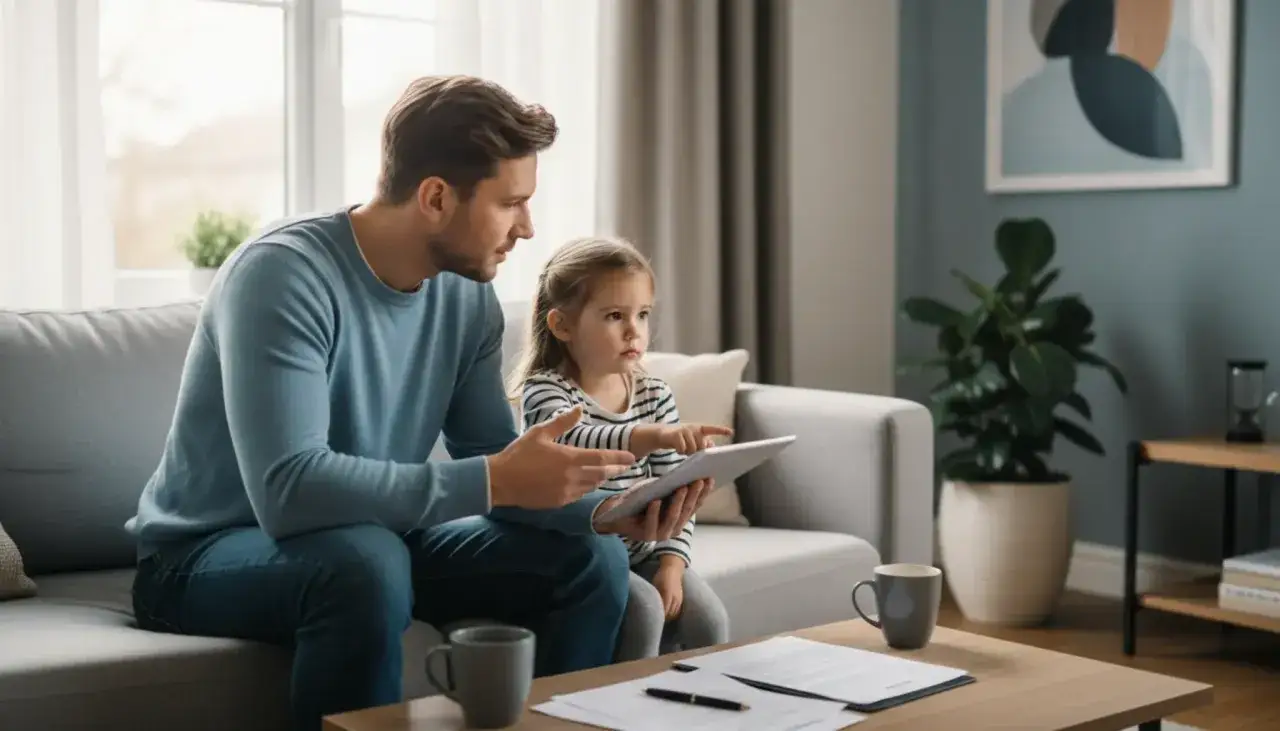Ojciec z córką omawiają prawa ojca do dziecka bez ślubu po rozstaniu, korzystając z tabletu.