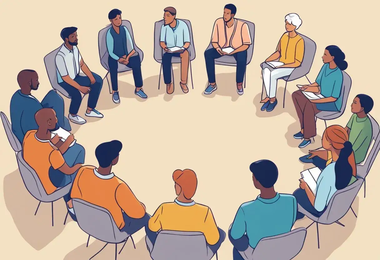 Grupa ludzi siedzi w kręgu, słuchając siebie nawzajem. Wszyscy wykazują cechy dobrego słuchacza: skupienie, otwartość i szacunek.