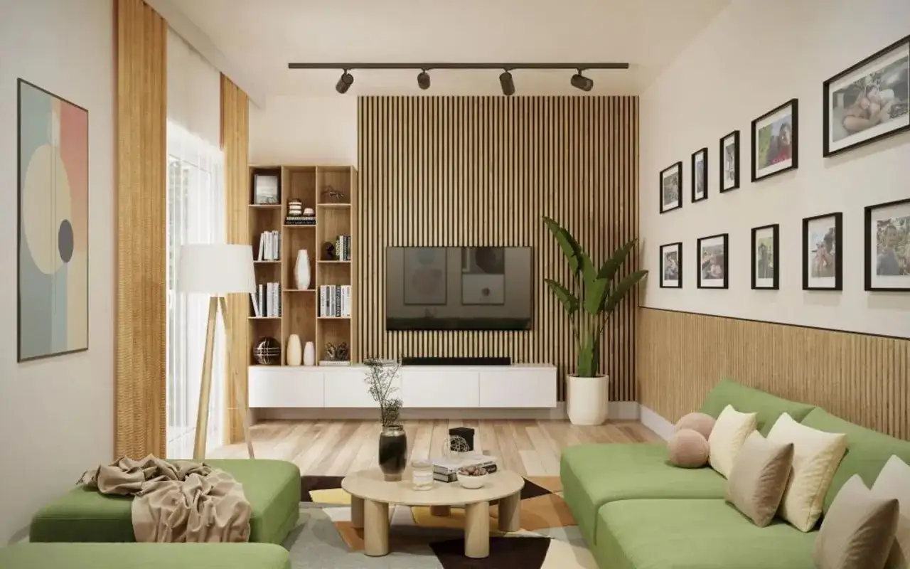 Nowoczesny salon z zieloną kanapą, stolikiem kawowym i ścianą z lameli, kt&oacute;ra dodaje ciepła i stylu.