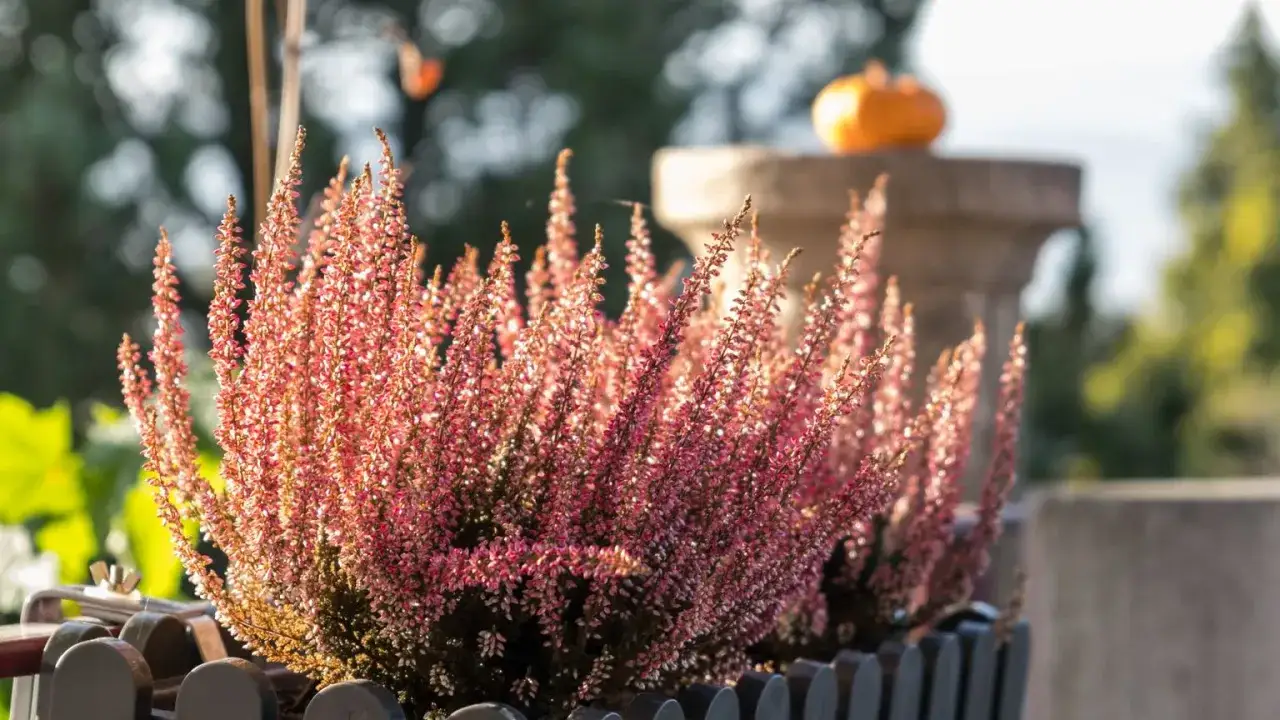 Piękne, r&oacute;żowe wrzosy w doniczce, idealne na jesienną dekorację. W tle mała dynia.