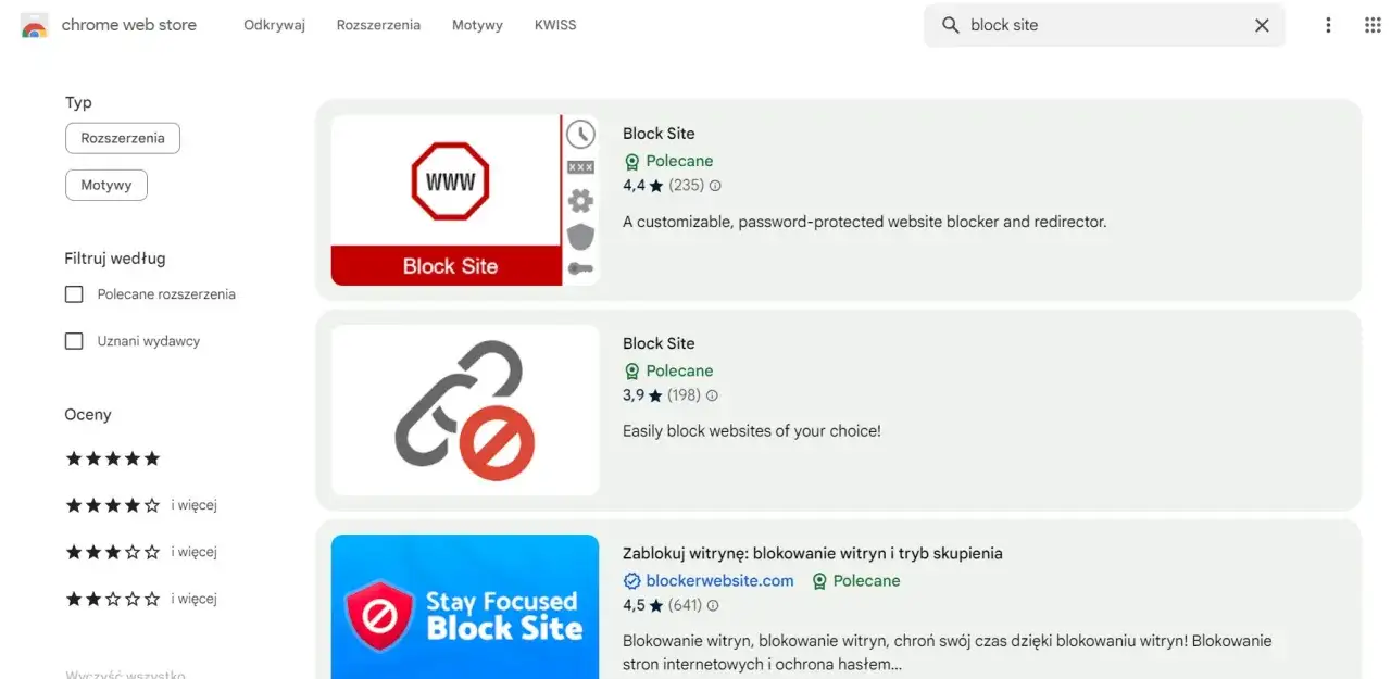 blokowanie stron internetowych przeglądarka rozszerzenia