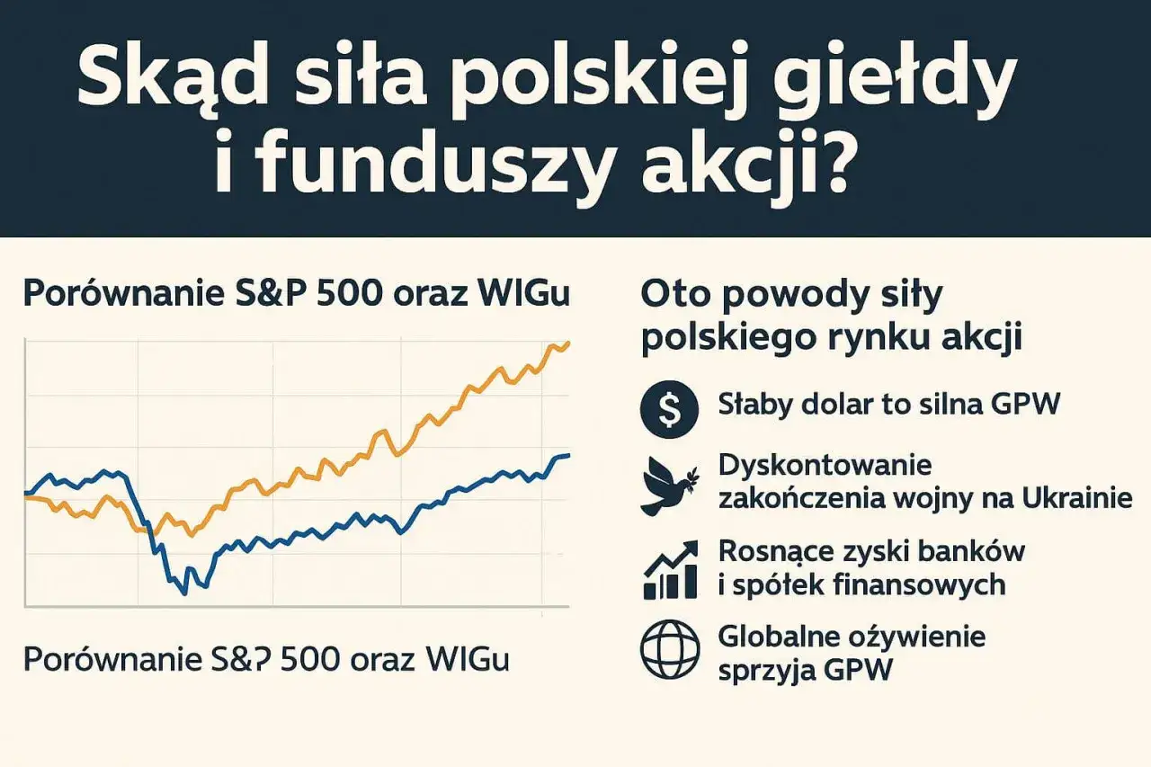 Wykres porównujący S&P 500 i WIG, z powodami siły polskiego rynku akcji, w tym słaby dolar i globalne ożywienie, sprzyjające funduszom akcji polskich.