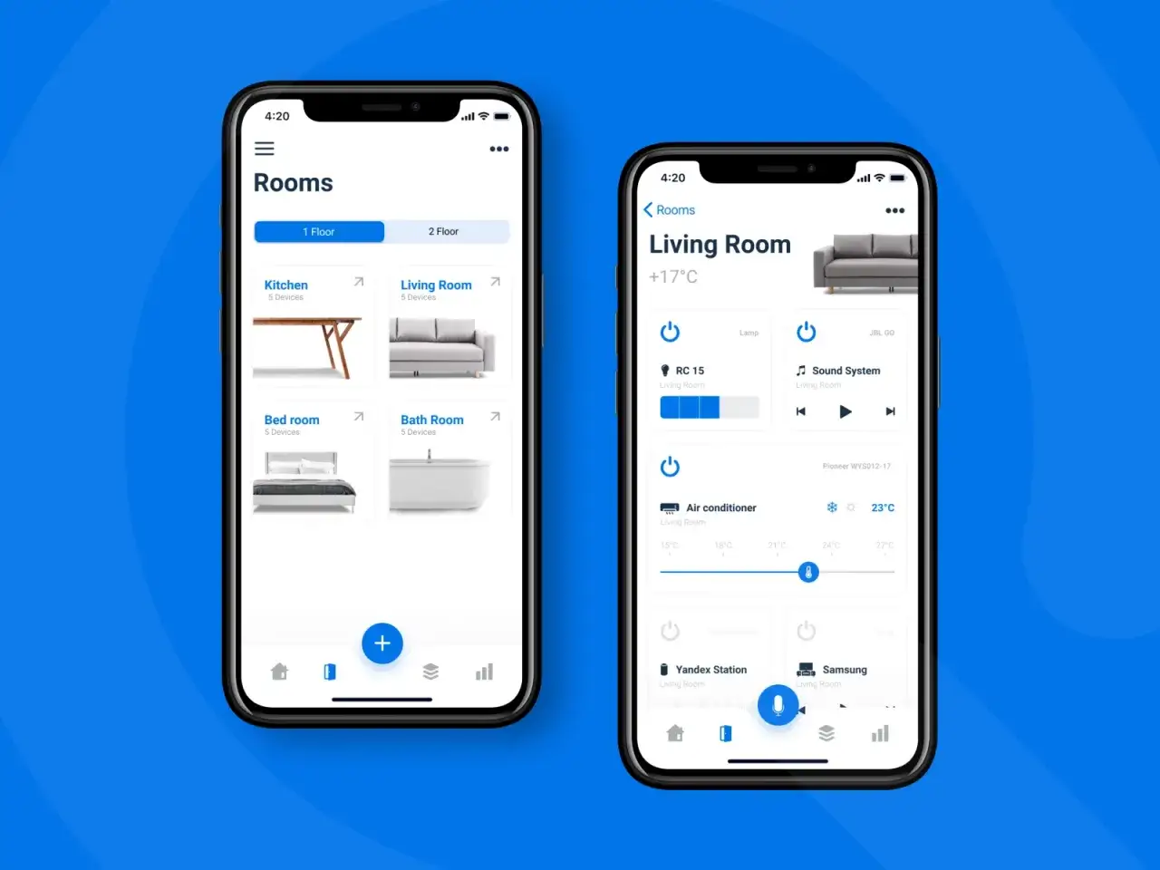Aplikacja do zarządzania smart life urządzeniami w domu. Widok listy pomieszczeń i szczegółów salonu z kontrolą lampy, klimatyzacji i innych.