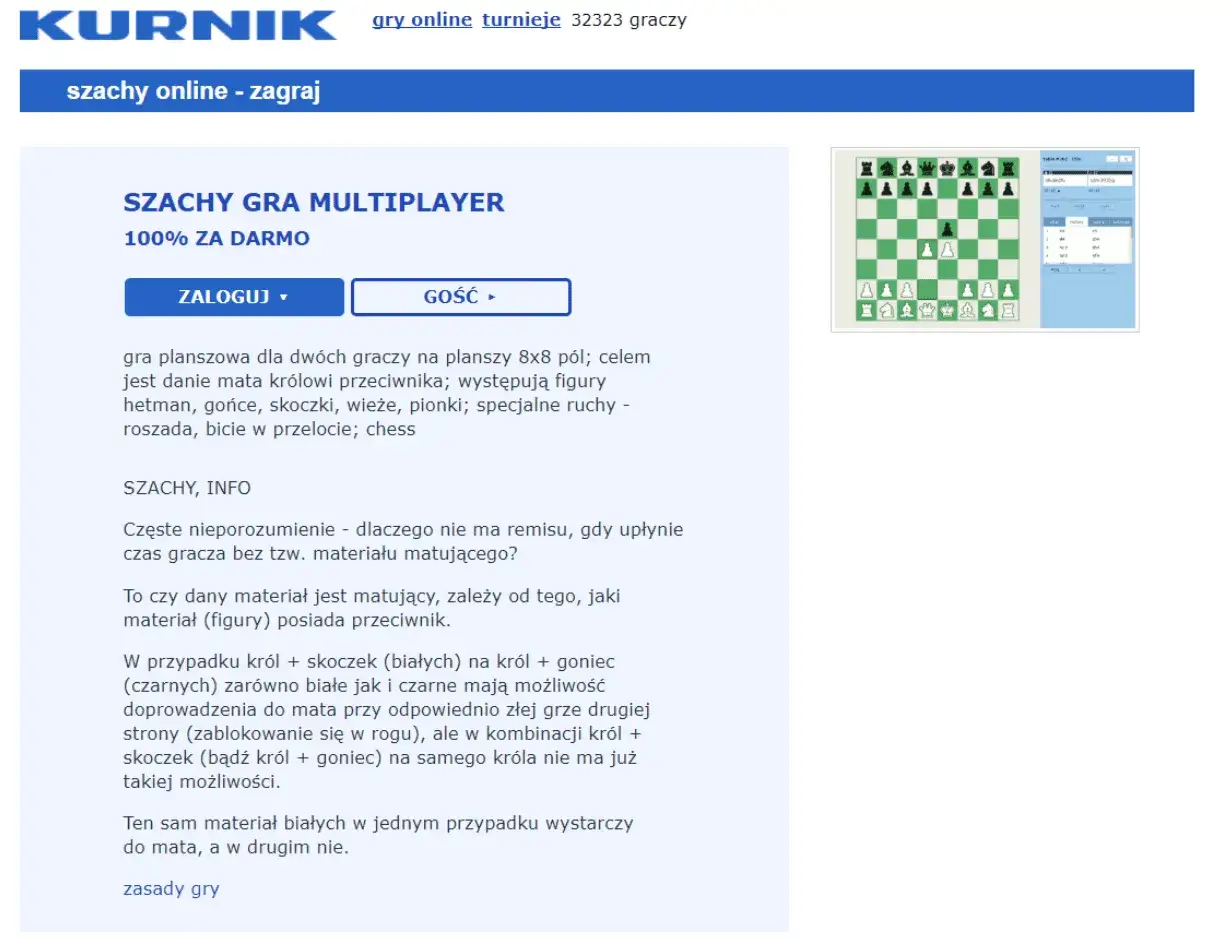 Kurnik.pl interfejs gry w szachy