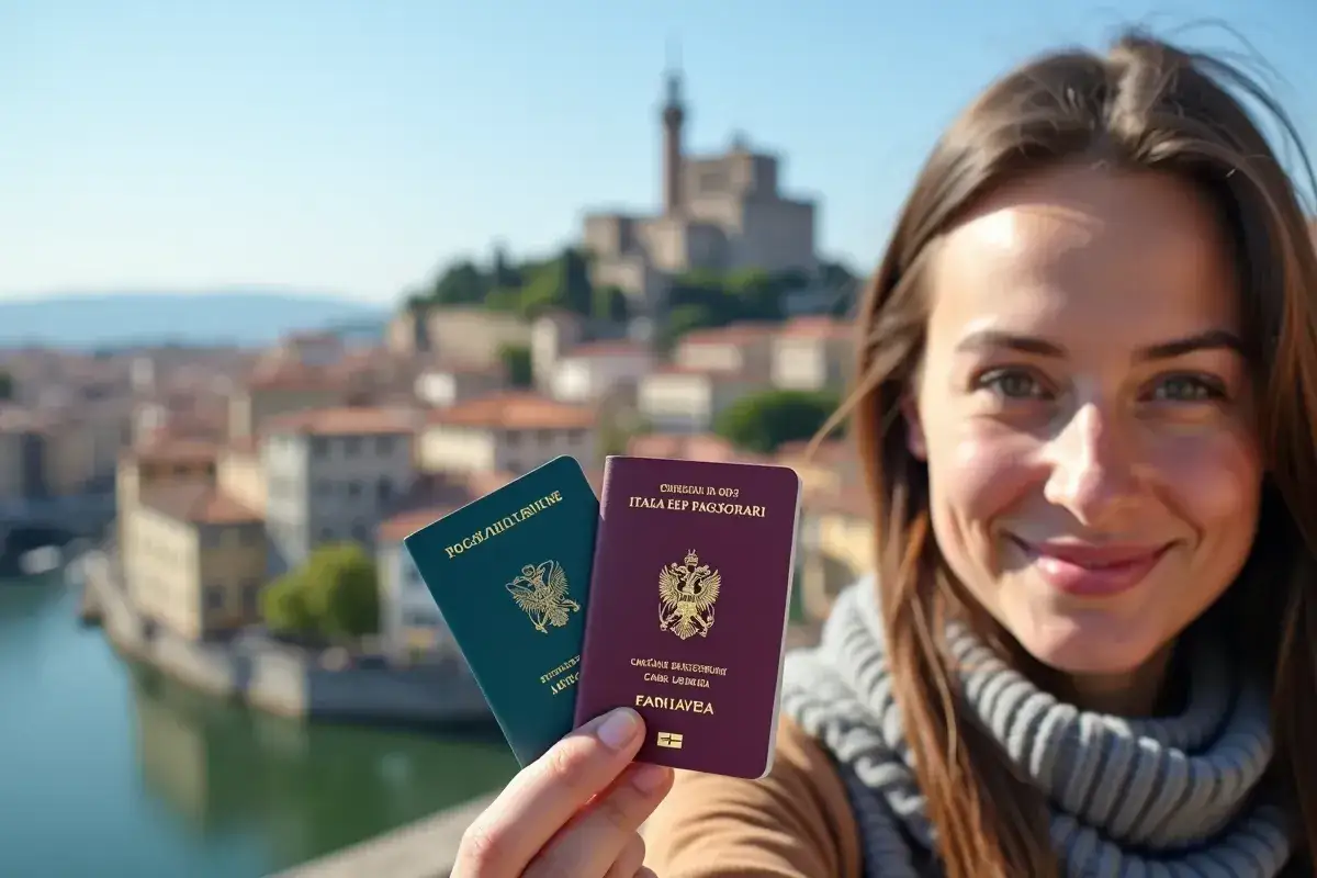 Uśmiechnięta kobieta trzyma paszporty. Czy do Rzymu potrzebny jest paszport? Tak, jeśli podróżujesz spoza strefy Schengen.