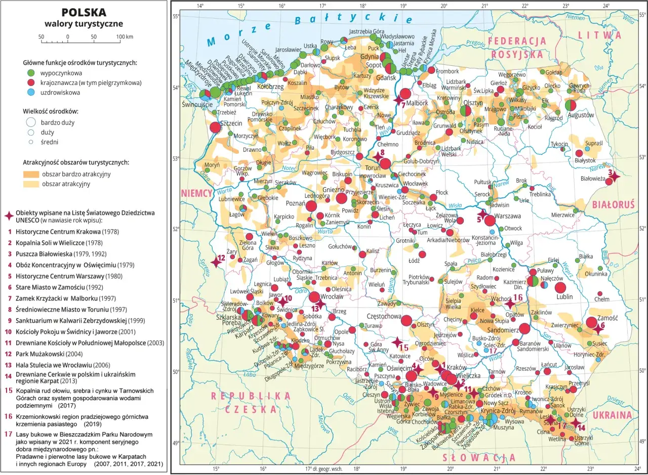 Mapa Polski popularne regiony turystyczne