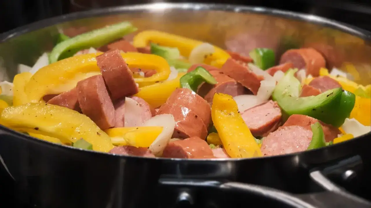 Szybkie i tanie danie na obiad: kiełbasa z papryką i cebulą na patelni. Kolorowe warzywa i sycąca kiełbasa.