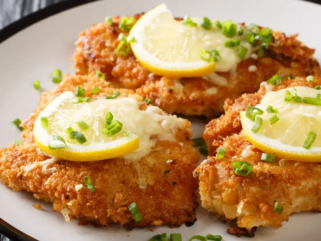 Chrupiące kotlety szu szu, polane serem i ozdobione plasterkami cytryny i szczypiorkiem.