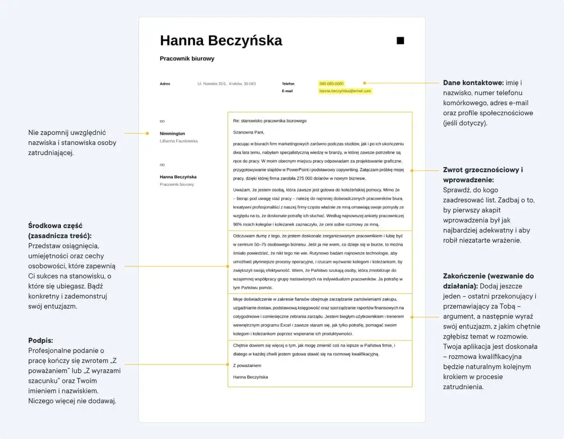 przykładowy list motywacyjny, fragment, podkreślone kluczowe zwroty