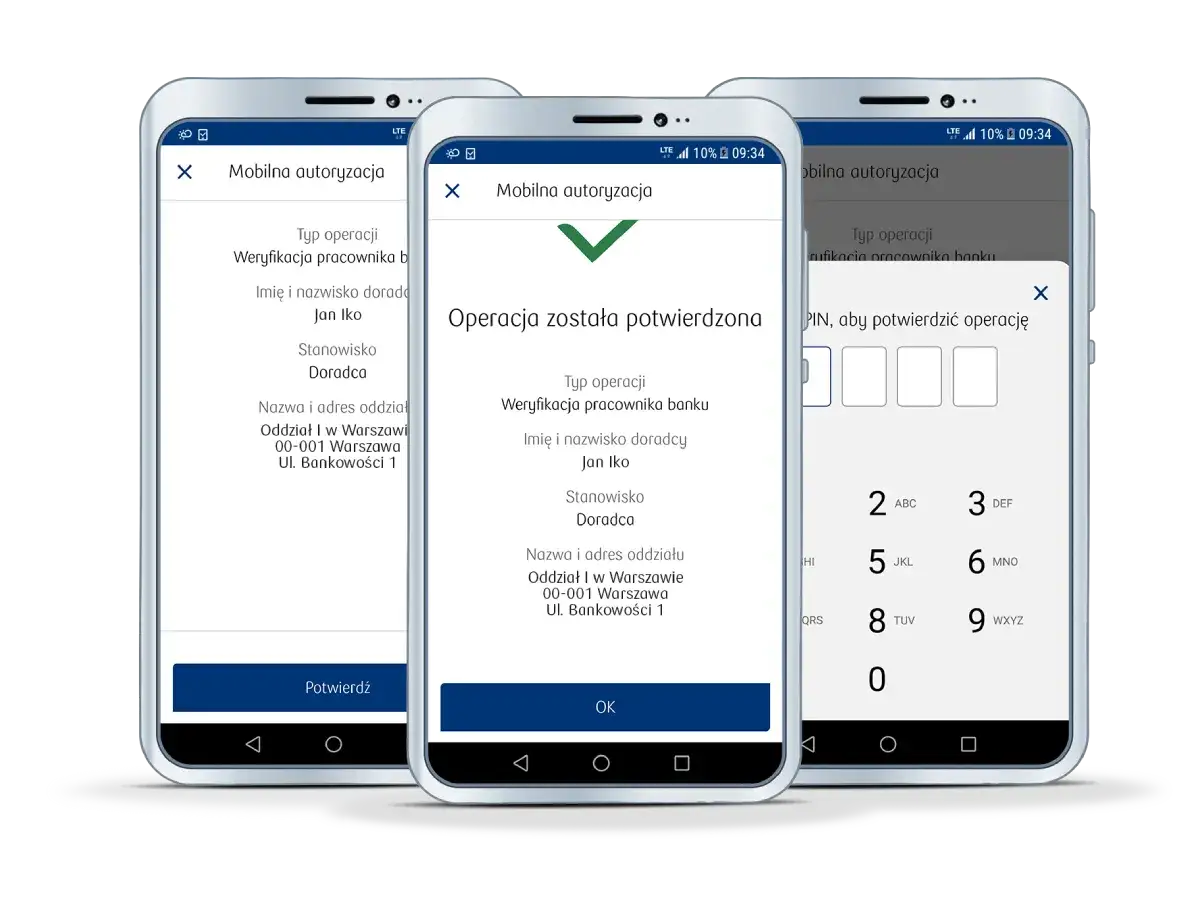 Trzy telefony pokazują proces autoryzacji. Na środkowym ekranie widać komunikat 