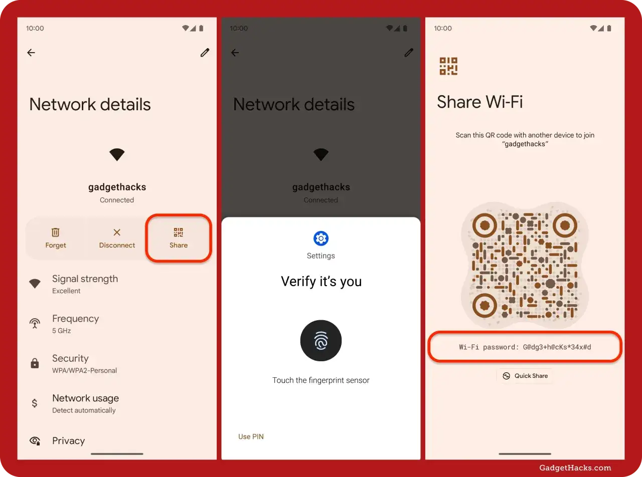 Udostępnij hasło do wifi w telefonie, skanując kod QR. Widoczny jest też sam ciąg znaków hasła.