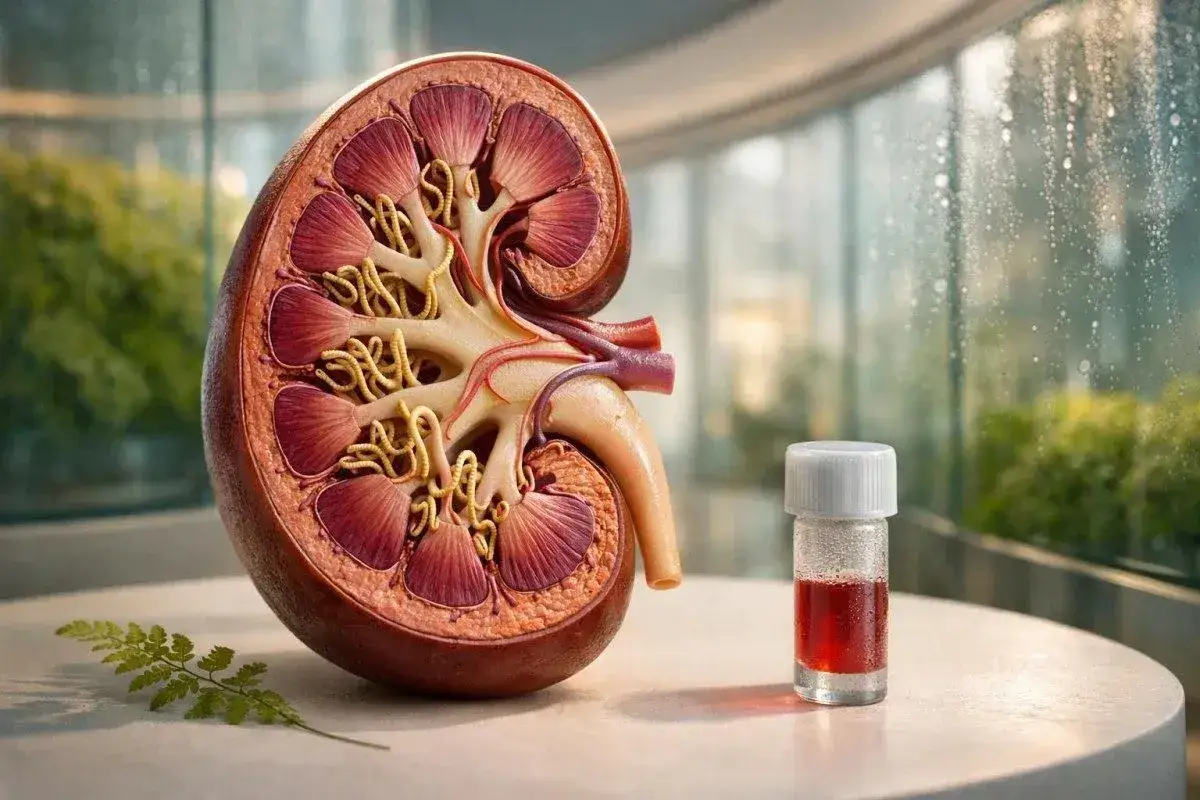 Przekr&oacute;j nerki i fiolka z krwią. Analiza kreatyniny norma mg/dl jest kluczowa dla oceny funkcji nerek.